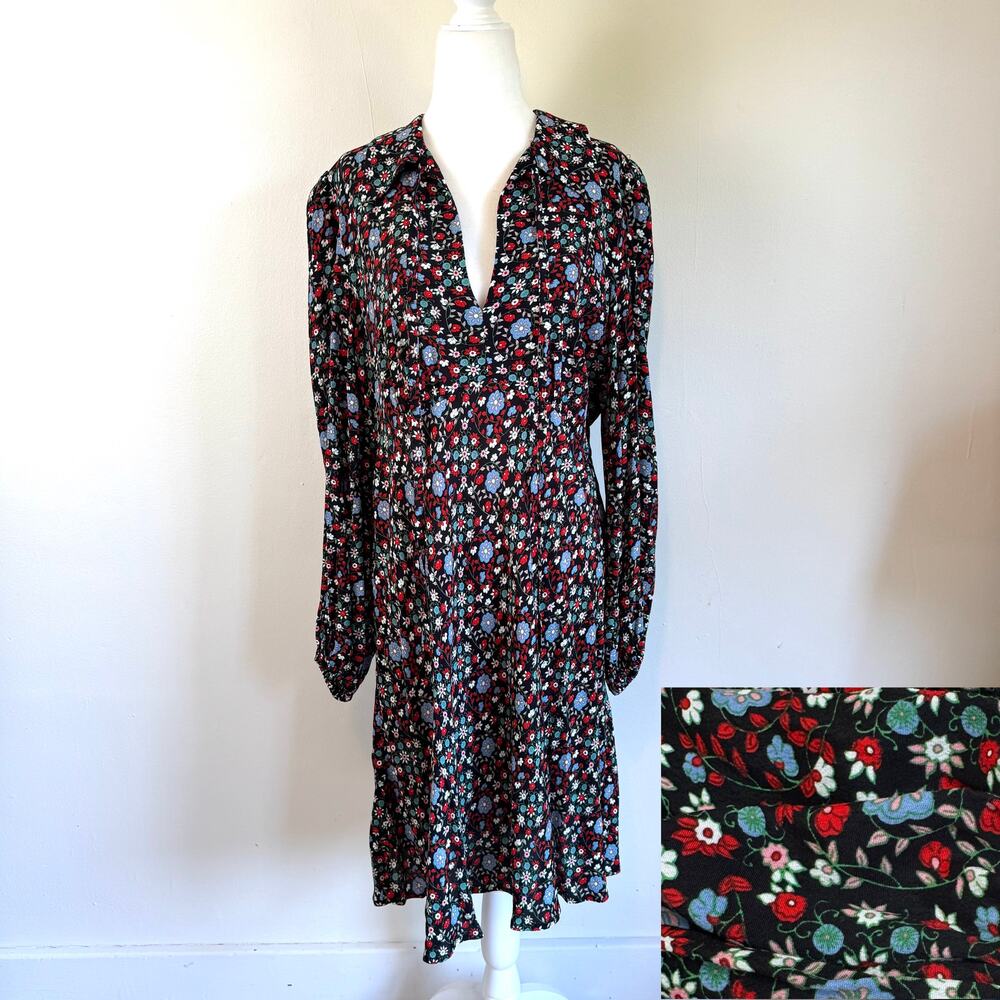 Boden 14 L Babydoll Dress Ditsy Floral Black Flowy Balloon Sleeve Tassle
